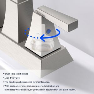 Rubinetto per lavabo bagno a 2 maniglie, interasse 4 pollici, finitura nichel spazzolato, miscelatore con foro di scarico e troppopieno, con 2 ingressi per l'acqua - Product Image 4