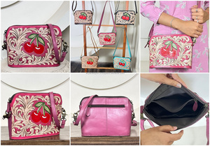 Bolsos de mano de diseño con motivos florales en relieve color rosa de moda, bolsos cruzados de cuero genuino estilo occidental para damas. - Product Image 3