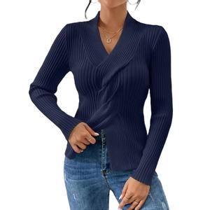 Cárdigan de Mujer con Cuello en V, Estilo Europeo, Color Sólido, Corte Ajustado, Manga Larga, Antiarrugas, Transpirable, con Detalle de Abertura en el Dobladillo, Spandex/Algodón - Product Image 3