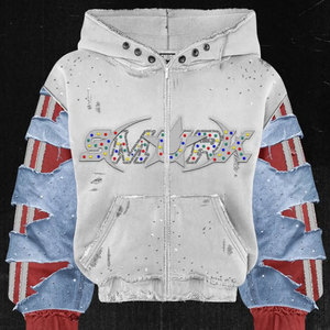 Hoodie de luxe personnalisé en patchwork avec strass et cristaux, effet délavé, fermeture éclair intégrale, en coton épais, style streetwear, par un fabricant de vêtements - Product Image 1