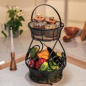 Cesta de almacenamiento metálica de doble nivel con asa, organizador rústico de especias para cocina, para verduras y especias, tipo vertical - Product Image 1
