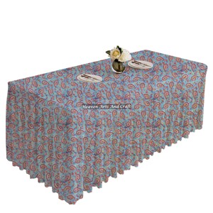 Cotton Block Printed Rectangle <b>Table</b> <b>Linen</b> Rectangle Dining Pleated <b>Table</b> <b>Cloth</b> With Floral Hand Block Printed Fabric Tablecloth - Product Image 1