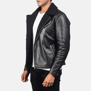 Alberto <b>Shearling</b> Black Leather <b>Jacket</b> for <b>Men</b> Made of 100 Real Sheepskin Leather Sherpa Fur Lining Winter - Product Image 2