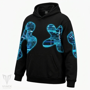 เสื้อฮู้ดผู้ชาย VANEK สีดำ ผ้าฟลีซ พิมพ์ลายวงจรสีนีออนสีน้ำเงิน ทรงปกติ สไตล์สตรีทแวร์รักษ์โลก เหมาะสำหรับใส่ในฤดูใบไม้ผลิ - Product Image 1