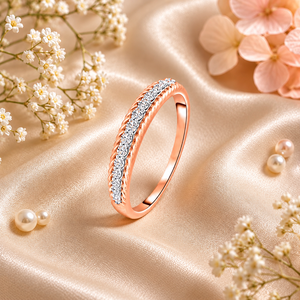 Anillo de Boda de Media Eternidad con Diamantes Cultivados en Laboratorio de Corte Redondo y Diseño de Cuerda Trenzada en Oro de 10K, 14K, 18K y Plata 925, 935 - Product Image 1