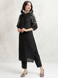 Black Cotton Quick Dry Knee-Length <b>Kurta</b> Set Embroidered Sleeves Pleated Front <b>for</b> <b>Women</b> Casual Summer Wear India Pakistan Style - Product Image 4
