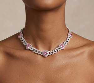 Pink Heart Cuban Link Necklace Iced Out <b>Silver</b> <b>Choker</b> Statement Pave Jewelry Handmade Bulk Product - Product Image 3
