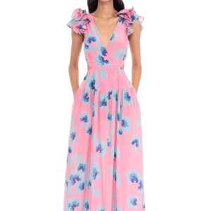 Robe longue d'été rose en mousseline de coton à motif floral, col en V profond, sans manches, taille naturelle, coupe droite, avec poches - Product Image 1