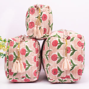 Ensemble de trousses souples matelassées en coton imprimé, écologiques et faites à la main, pliables, unisexe, pour maquillage et accessoires, sac de toilette portable grande capacité - Product Image 2