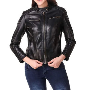 Chaqueta de Moto Reversible de Cuero PU para Mujer, Impermeable, Ecológica, con Cuello Alto, Manga Larga, Cierre de Cremallera, Color Negro Sólido, Otoño - Product Image 1