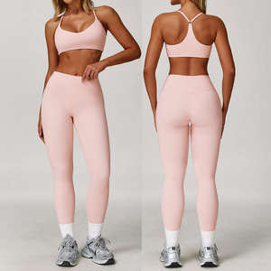 Ensemble de sport cinq pièces pour homme rose clair, avec soutien-gorge de sport extensible, veste, leggings à taille élastique, tenue décontractée de fitness coupe ajustée - Product Image 6