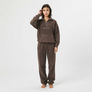 Conjunto de chándal oversize para mujer con lavado ácido, sudadera con cremallera de un cuarto y pantalones holgados, ropa de moda casual urbana al por mayor - Product Image 2