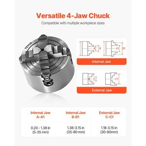 Mandril de torno de 4 mordazas de 3 pulgadas (80 mm) con tornillos de fijación tipo T, mordazas reversibles y rango de sujeción de 0.1-3.15 (5-80 mm) - Product Image 4