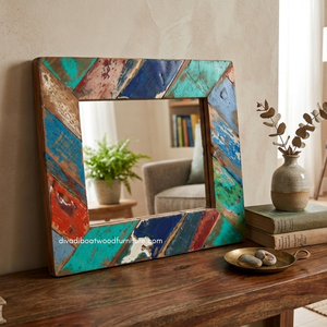 Handcrafted Rustic Eco-Friendly Durable Thick Wall <b>Mirror</b> Patchwork Reclaimed Boat Wood Original Color Living Room Bedroom - Product Image 5