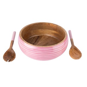Ensemble de saladier et de service en bois de manguier artisanal, grand saladier en bois rayé rose pour fruits, pâtes et salades - Product Image 1