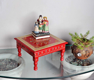 Hand Painted <b>Wooden</b> Pooja Chowki Square Low Table Traditional Indian Decorative Stool for Home <b>Temple</b> Decor Wholesale - Product Image 4