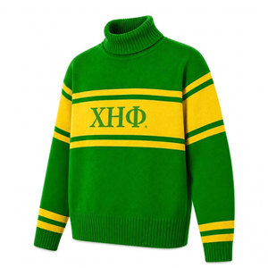 Pull à col roulé vert Chi Eta Phi Sorority avec rayures jaunes et logo brodé, style preppy, pull d'hiver pour femmes - Product Image 3