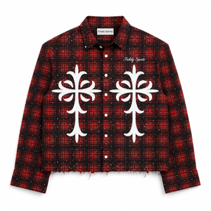 Chemise en flanelle à carreaux rouges pour homme, style streetwear personnalisé, coupe oversize, broderie croix blanche, manches longues, vintage, gothique, punk, boutonnée - Product Image 2