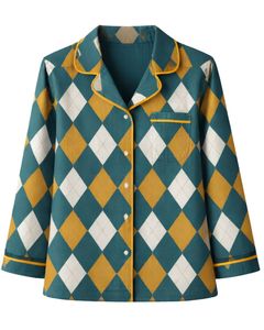 Ensemble de pyjama pour femmes personnalisé vert jaune argyle, manches longues, boutonné, vêtements de nuit en coton doux, ensemble de détente deux pièces - Product Image 3