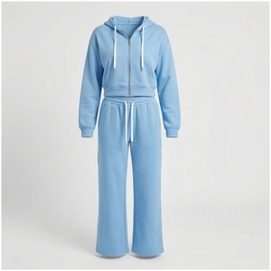 Conjunto Deportivo para Mujer, Azul Claro, con Capucha y Cremallera, Pantalones Largos y Chaqueta, Estilo Casual, Holgado, Color Sólido, para Otoño - Product Image 1