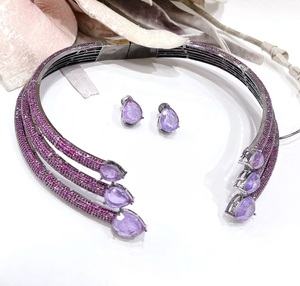 Designer Best Quality CZ Stones Look <b>Statement</b> <b>Necklace</b> and Earrings Set with Silver Plating for Women's Engagement Anniversary - Product Image 1