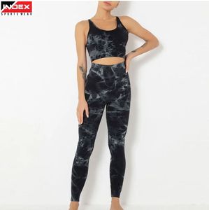 Ensemble de yoga 2 pièces INDEX pour femme : Leggings taille haute et crop top dos nageur imprimé tie-dye en Spandex et Polyester respirant pour l'entraînement - Product Image 1