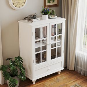 Buffet moderne minimaliste en bois blanc avec portes vitrées doubles et tiroir pour salon - Product Image 3