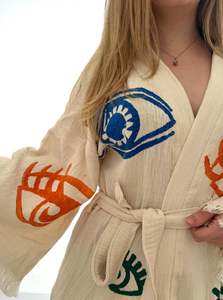 Conjunto de Kimono de Dos Piezas con Diseño de Ojo Turco para Mujer, Cintura Natural, Sostenible y Lavable, Ropa de Playa, Vestidos de Crepé 100% Algodón - Product Image 5