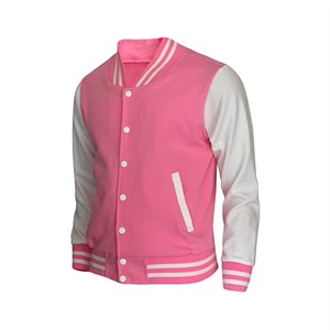 Veste universitaire unisexe rose personnalisée pour l'hiver, boutons blancs, bordure rayée, col montant, décontractée, respirante, logo frontal, fabricant OEM - Product Image 1