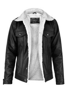 Men's Black Leather <b>Sherpa</b> <b>Jacket</b> Warm Winter Shearling <b>Lined</b> Casual <b>Jacket</b> - Product Image 1