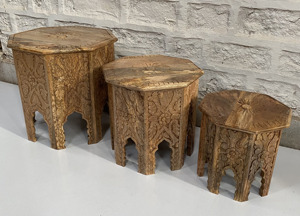Solid Wooden Hand Carved Floral Nesting <b>Tables</b> Set of 3 Rustic <b>Brown</b> Octagonal Coffee <b>Tables</b> for Living Room Hotel Restaurant - Product Image 4