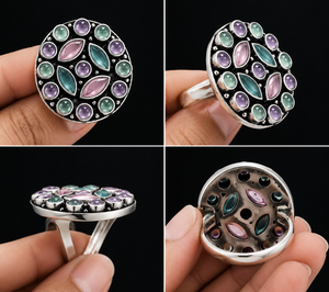 Bague en argent vieilli plaqué, style Bohème, avec pierres précieuses naturelles florales roses et bleues, pour femme, mariage et fiançailles, commande en gros, fournisseur en gros - Product Image 2
