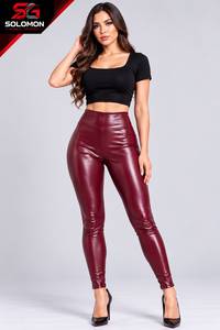 <b>Women</b> High Waist Faux Leather <b>Leggings</b> Stretch Solid Burgundy Shiny Mid-Calf Breathable Pockets Seamless Workout Quick Dry - Product Image 2
