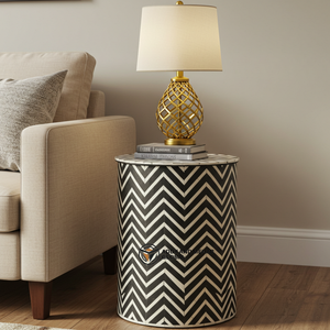 Handcrafted Modern Eco-Friendly Black & <b>White</b> Bone Inlay Nightstand with 2 Drawers Floral Pattern Round <b>Bedside</b> Cabinet - Product Image 6