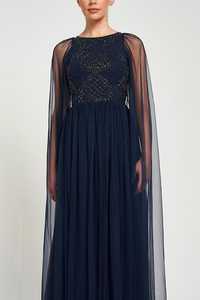 Vestido de noche azul marino con cuentas, estilo tubo, con mangas tipo capa, cuello redondo, antiarrugas, largo hasta el suelo, de satén. - Product Image 5
