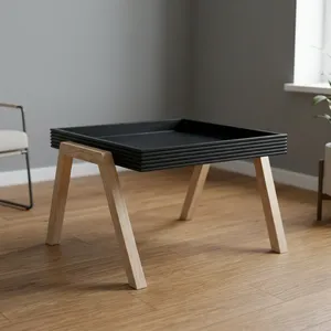 Large <b>Black</b> Wooden Tray Coffee <b>Table</b> with Natural Wood Legs Knock Down Design Modern <b>Living</b> <b>Room</b> Furniture - Product Image 5