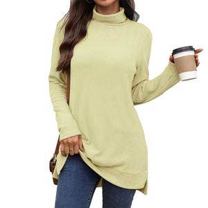 Women's Casual Long Sleeve T-Shirt Crewneck Collar Fall Side Split Solid Color 100% Merino Wool Button Diamonds Customizable - Product Image 3