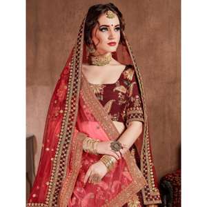 Blooming Dark Maroon Colored Nupcial Desgaste Diseñador Bordado Lehenga choli - Product Image 3