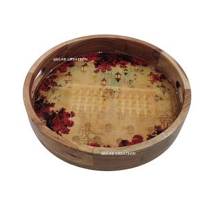 Bandeja de Servir de Madera de Acacia con Estampado Floral, Plato Decorativo de Madera Resistente para Aperitivos, Café, Entretenimiento en el Hogar, Estilo Moderno Rústico - Product Image 3