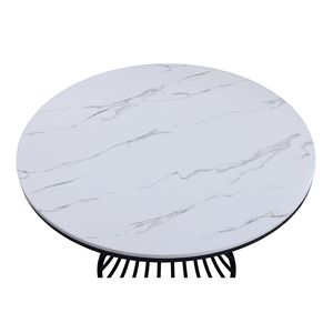 Tavolo da Pranzo Rotondo Unico in Finto Marmo Bianco con Base a Gabbia e Finitura Nera, Arredamento in Legno - Product Image 3