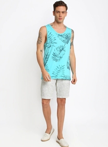 Camiseta sin mangas con estampado tropical azul para hombre, cuello en V, informal, transpirable, de poliéster tejido - Product Image 2