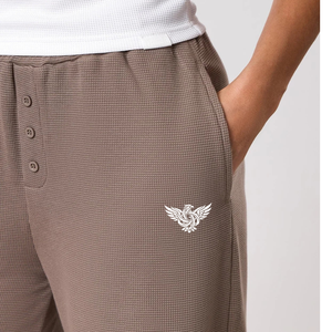 Pantalon de détente décontracté pour femme en maille gaufrée, coupe large, taille haute élastique, coupe décontractée, avec poches, confortable - Product Image 4