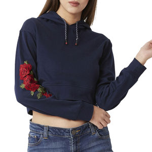 Women <b>Navy</b> Blue Cropped Hoodie Regular Sleeve Short Length Knitted Cotton Floral Embroidery Hooded Sweatshirt Autumn Wear - Product Image 1