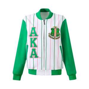 Veste polaire technique unisexe AKA Pinstripe avec broderie chenille lettres grecques, fermeture éclair, coupe athlétique, style streetwear blanc et vert - Product Image 1