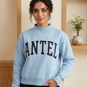 Sweat-shirt à col montant bleu clair pour femme avec imprimé lettres Antel, manches longues, en coton tricoté, pour l'automne - Product Image 1