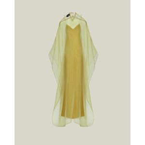 Robe de soirée élégante en coton/polyester vert, longueur cheville, coupe trapèze, sans manches, col en V, design asymétrique, haute qualité - Product Image 6