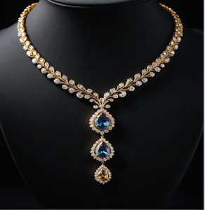 สร้อยทองคำสุดหรูพร้อมจี้ไพลินสีน้ำเงินและสีเหลืองรูปหยดน้ำสามเม็ด เครื่องประดับชั้นดีจำหน่ายในราคาขายส่ง - Product Image 1