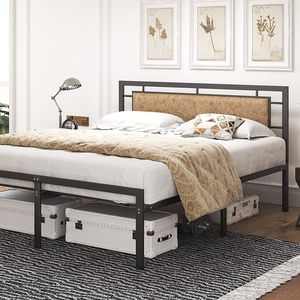 Mecor Vintage Rustic Brown Faux Leather Headboard Strong Metal Slats Support Full Size <b>Platform</b> <b>Bed</b> <b>Frame</b> Metal <b>Beds</b> Product - Product Image 1