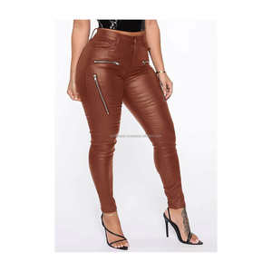 Prêt de stock personnalisé femmes crayon pantalon marron en cuir PU taille haute fermeture éclair braguette avec poches plaquées pour fête style porter - Product Image 1