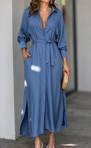 Vestido Camisero Azul Satinado de Verano para Mujer, Cintura Alta, Manga Larga, Cierre de Botones, Maxi Vestido con Bolsillos para Oficina, Talla XL - Product Image 1